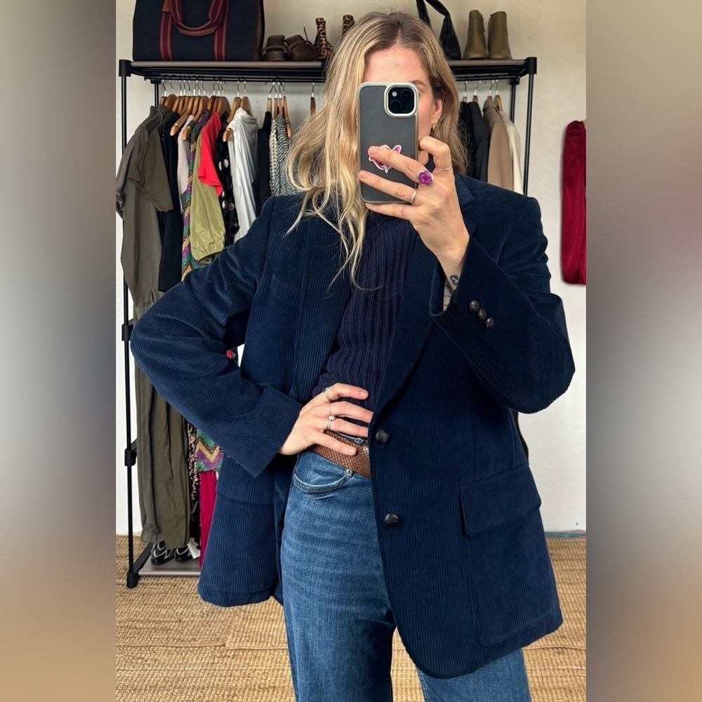 Men’s Vintage Made in Canada Cotton Oversized Navy Blue Corduroy Blazer Jacket - Picture 3 of 12